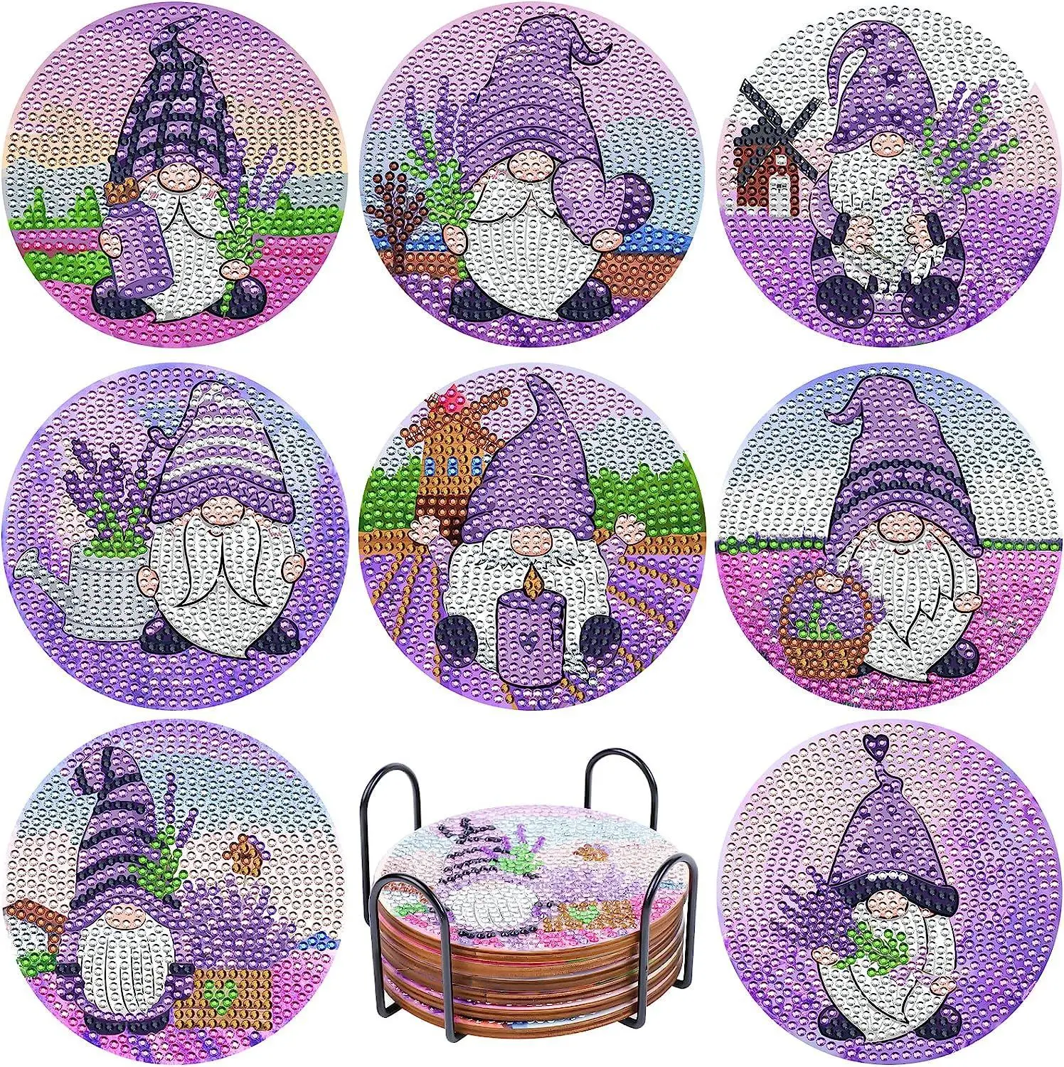 

8PCS/Sets Diamond Painting Coasters For Drinks DIY Coaster 5D Diamond Art Kits for Adults Kids With Holder for Beginners Diamond