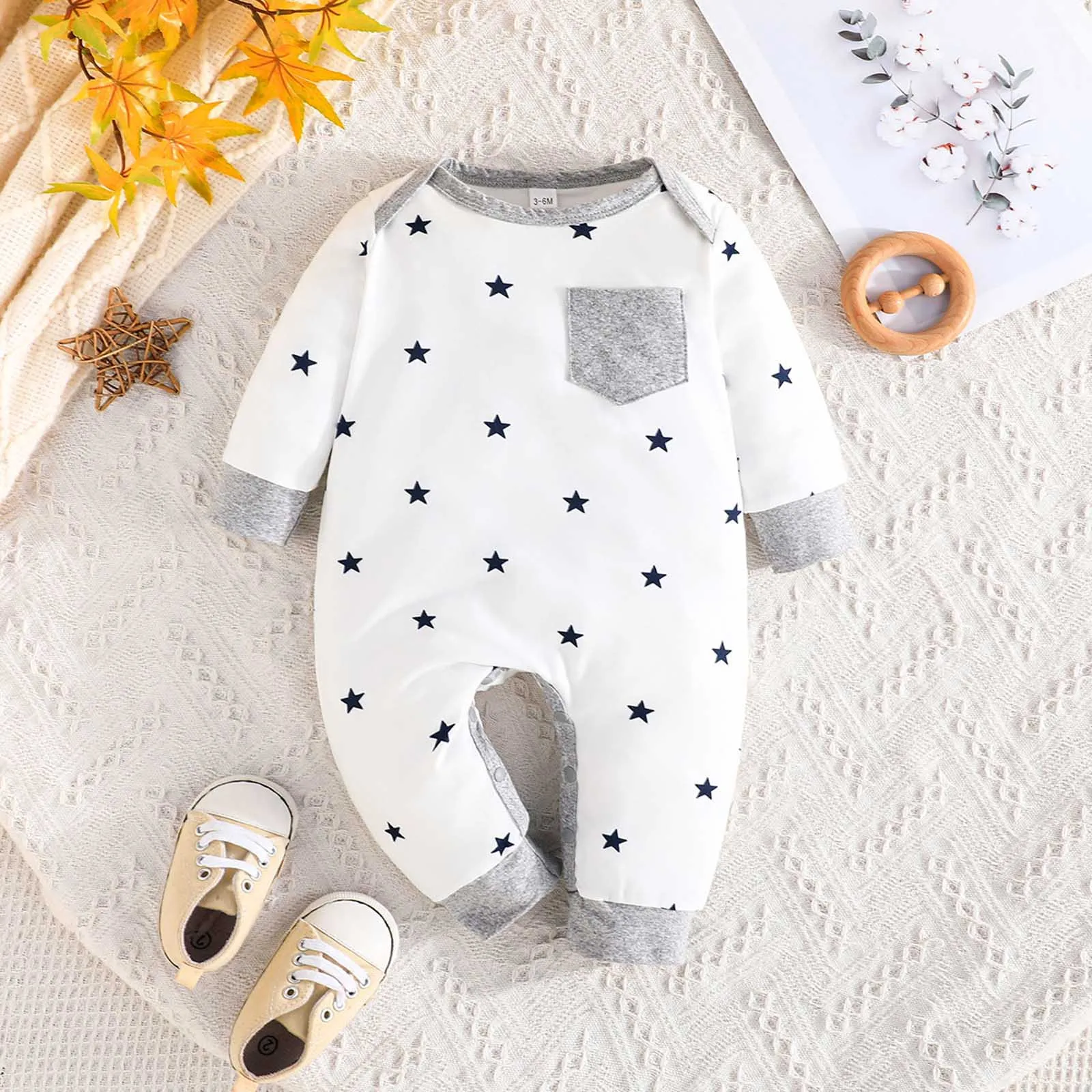 Комбинезон с длинными рукавами в полоску/звездочный принт для новорожденных
