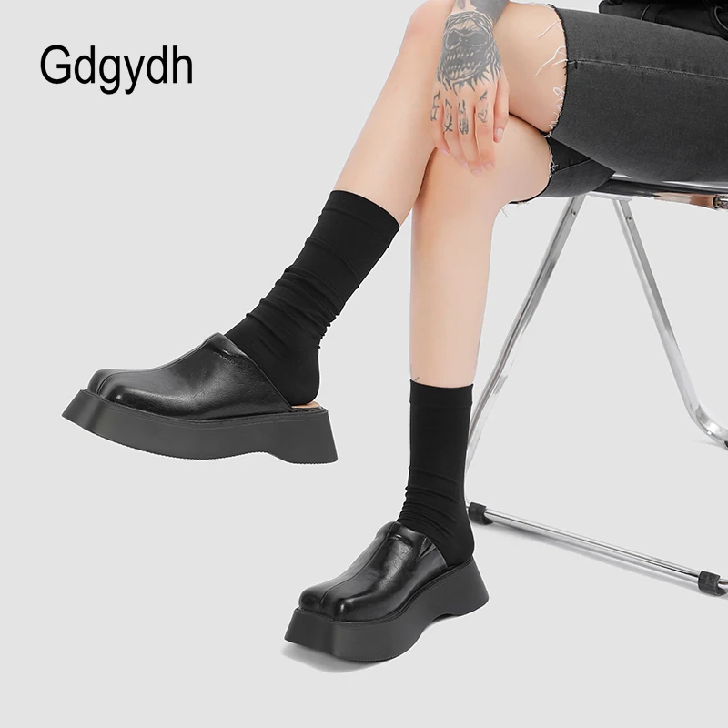 Gdgydh Japanese Style Women's Platform Mules Retro Clogs Closed Toe Slip On Sandals Backless Vegan Leather Flatform Shoes