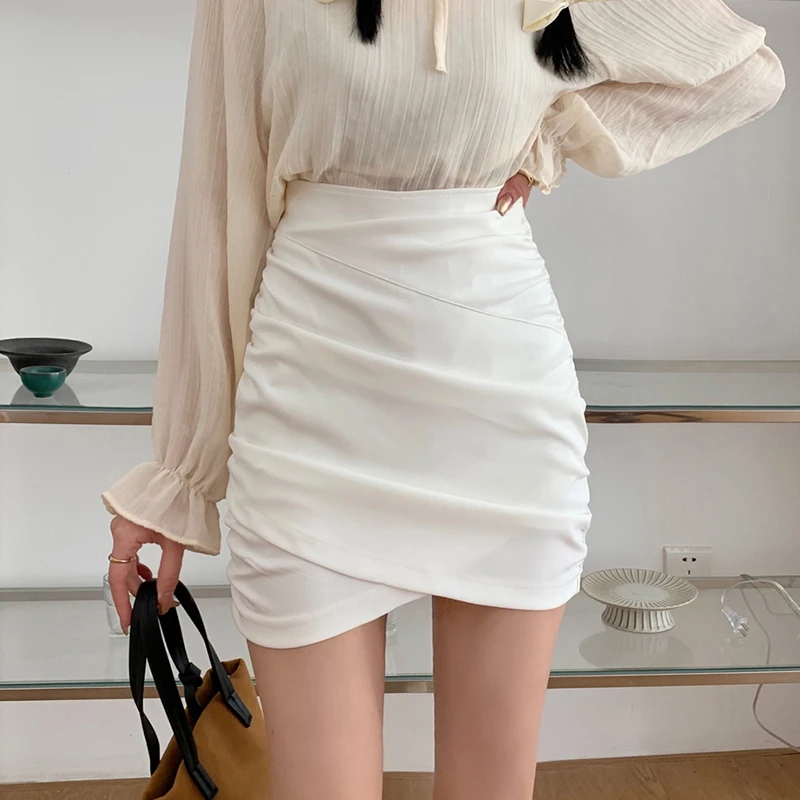 

Korean Summer Irregular Pleated Skirts Women High Waist Black White Mini Skirts Sweet Sexy Ladies Skirt jupe femme