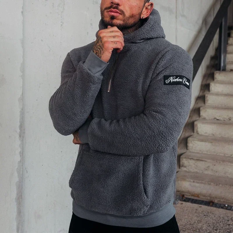 

SIZE S-3XL Fashion Outdoor Men Clothing Winter Solid Color All-match Warm Fleece Hoodie Men Casual Hooded Pocket Sweatshirt