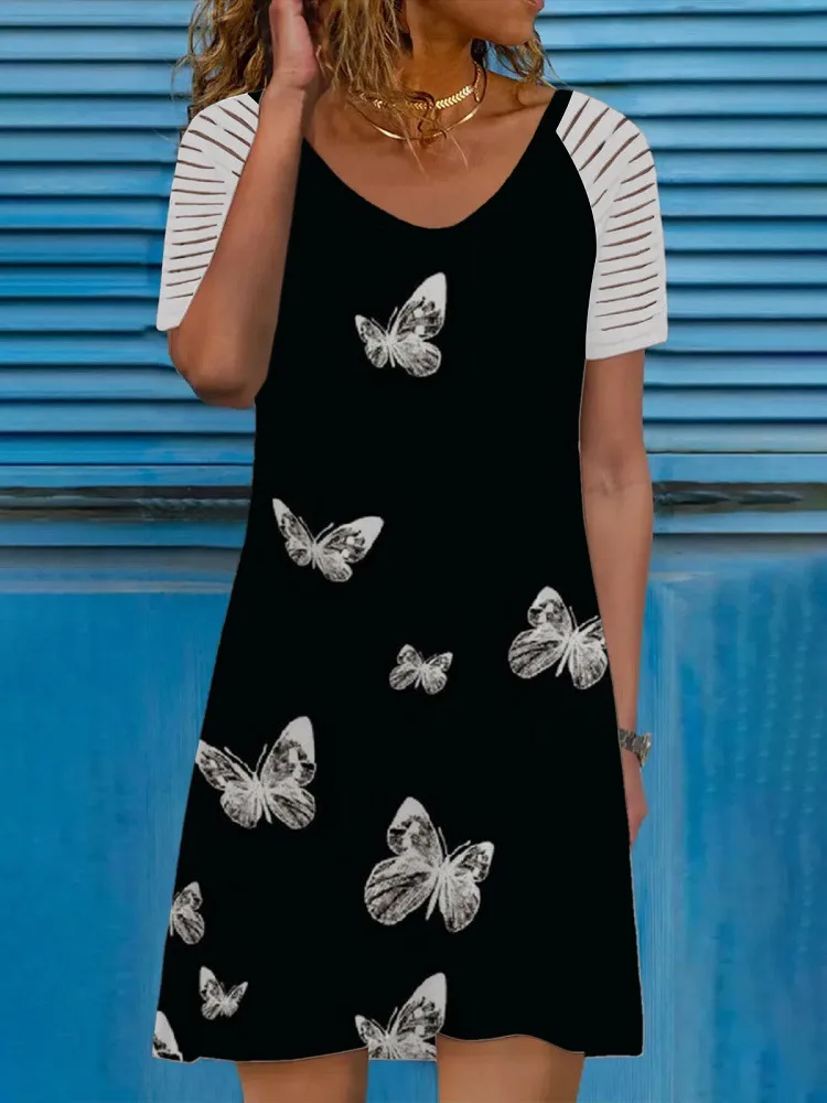 

Женское платье с круглым вырезом, коротким рукавом и цветочным принтом