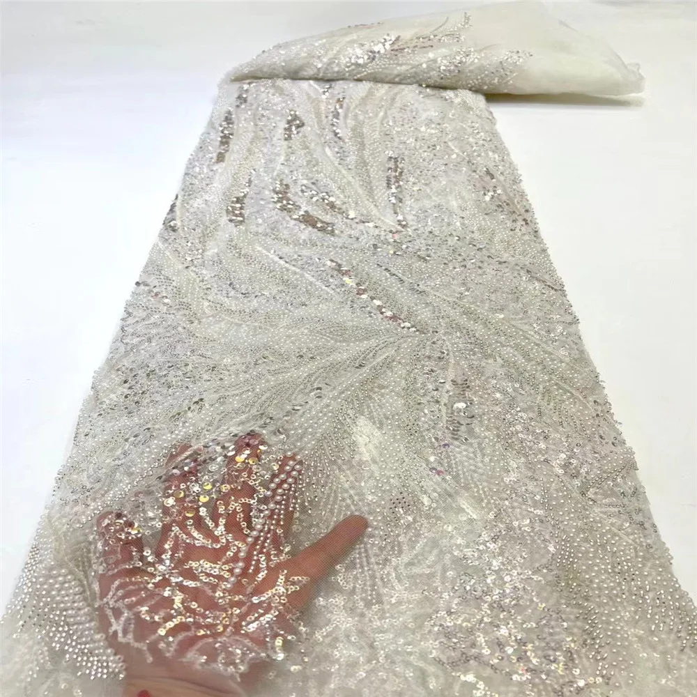 

2022 New Arrival Factory Price Wholesale Luxury Beading Heavy Handmade Tulle Mesh Lace Fabric DIY Wedding Dress Sewing Material