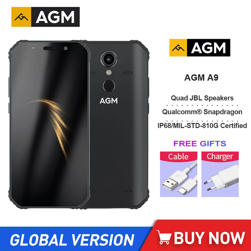 

AGM A9 Waterproof 5.99" FHD Screen Smartphones Android 8.1 4GB 64GB 5400mAh Tuned Speakers Quick Charge NFC OTG Cellphones