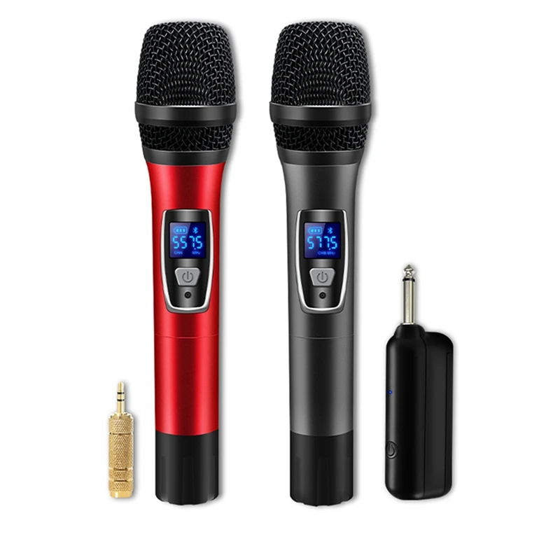 

Беспроводной Bluetooth микрофон UHF, двойной ручной динамический микрофон с перезаряжаемым приемником для караоке, голосовой усилитель