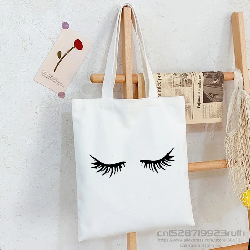 

Women Shopping Tote Bags White Canvas Bag Eyelash Printing Eco Reusable Fashion Travel Harajuku Bags Mom Shopper Shoulder bags