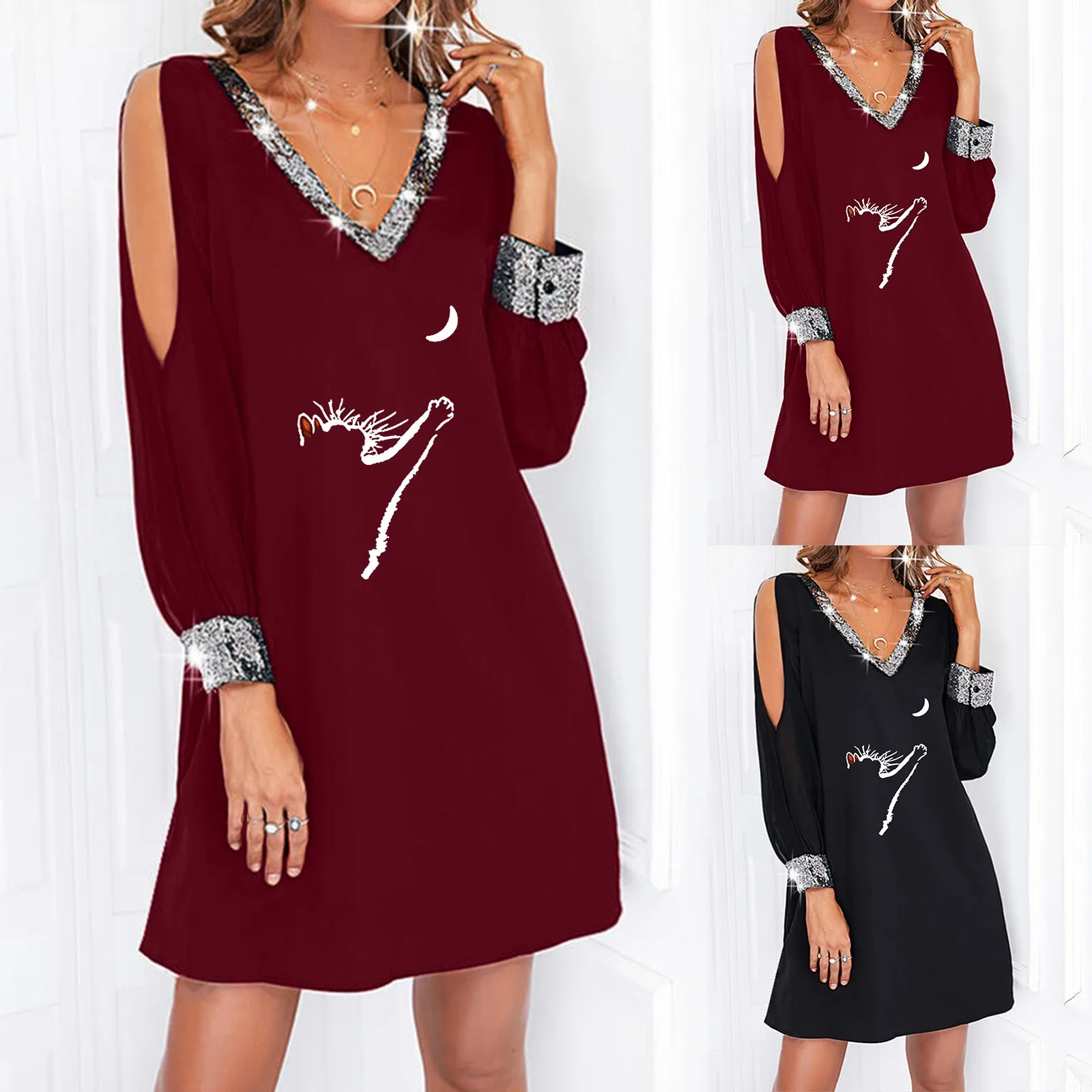 

Женское платье с V-образным вырезом, длинным рукавом и открытыми плечами