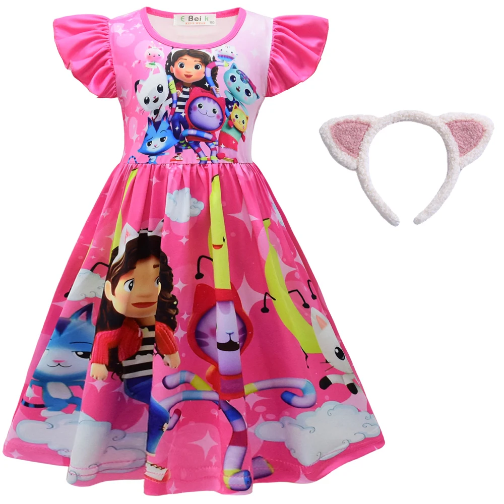 

Gabbys Dollhouse Clothe Baby Girls Flying Sleeve Dresses with Small Bag Kids Cartoon Cats-tastic Wedding Party Princess Vestidos