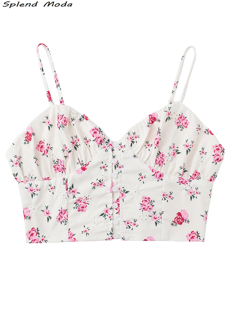 

2022 ZA Summer New Fashion Sweet Chic Floral Print Linen Camisole Women Sexy Style Elastic Back Camis Female Cute Crop Tops