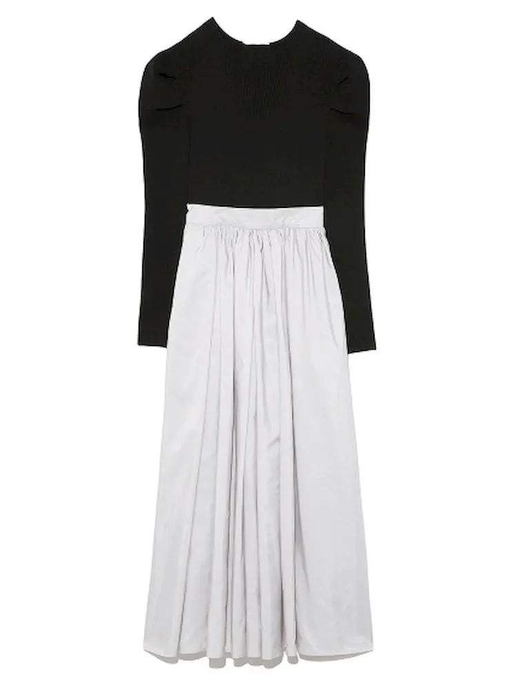 

iYunDo Patchworked Midi Dress Ladies Clothing Women Robes Casual Elegant Pleated Dresses Puff Sleeves Korean Fashion Vestidos