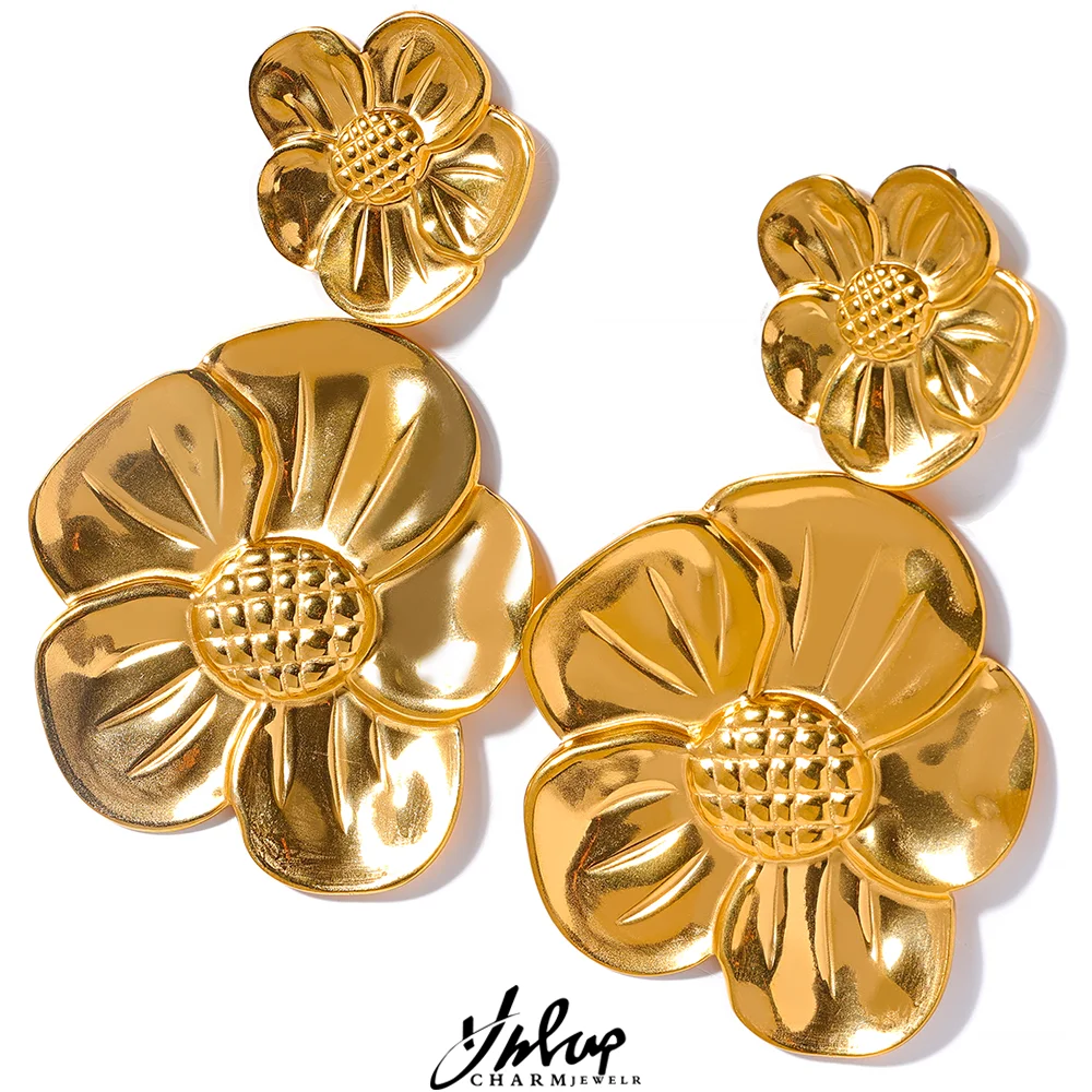 

Yhpup Stainless Steel Big Flower Drop Dangle Earrings Waterproof 18K Gold Color Charm Metal Statement Large Party Jewelry Women