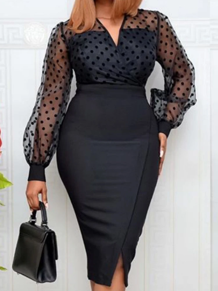 

Women Sheer Long Sleeves Polka Dot Bodycon Dress Office Ladies Slim See Through Women Vestido African Modest Celebrate Occassion