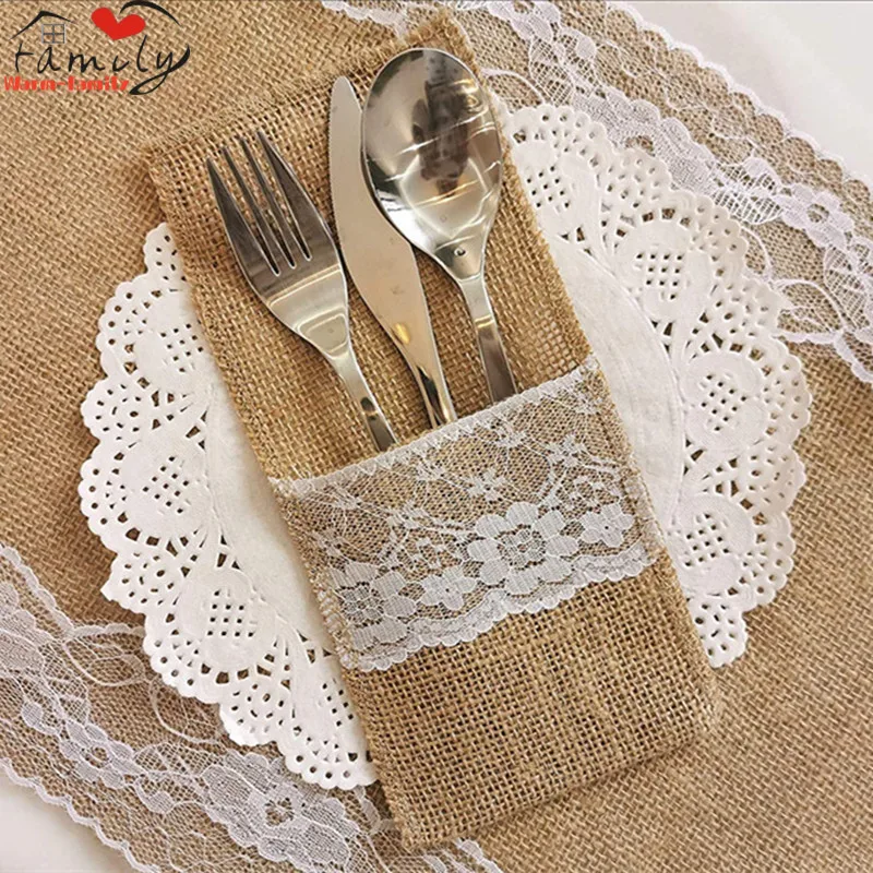 

10Pcs/Lot Burlap Cutlery Holder Lace Tableware Pouch Pocket Christmas Silverware Holder Pockets Wedding Table Decoration
