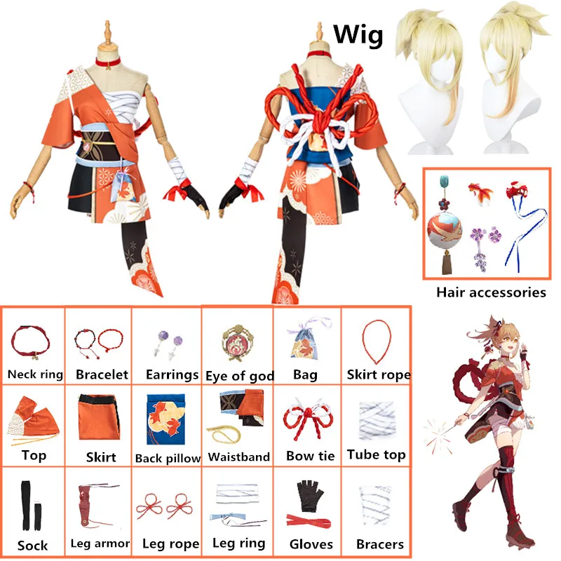 

Genshin Impact Naganohara Yoimiya Cosplay Costume Set Anime Wig Game Genshin Cosplay Kimono Dress For Women