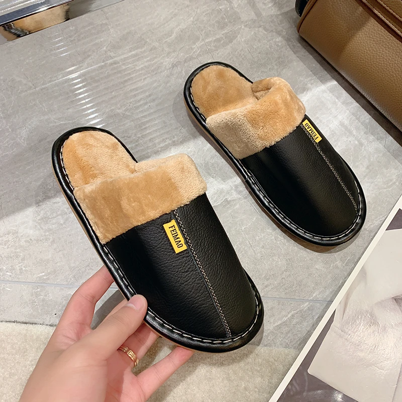 

Men Luxury Slippers 2022 New Winter Genuine Leather Fashion Indoor Waterproof Warm Home Fur Women Slippers Plus Size 43 Slides