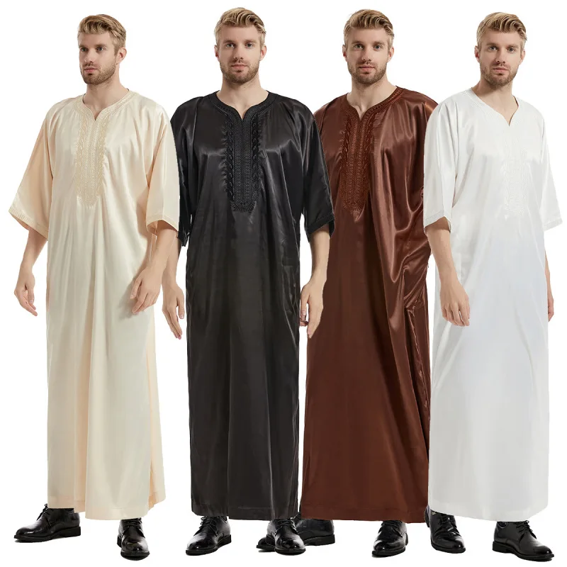 

Half Sleeves Embroidery Men's Muslim Kaftan Abaya Jubba Thobe Solid Color V-neck Dubai Saudi Arab Islam Clothing Robe Dress