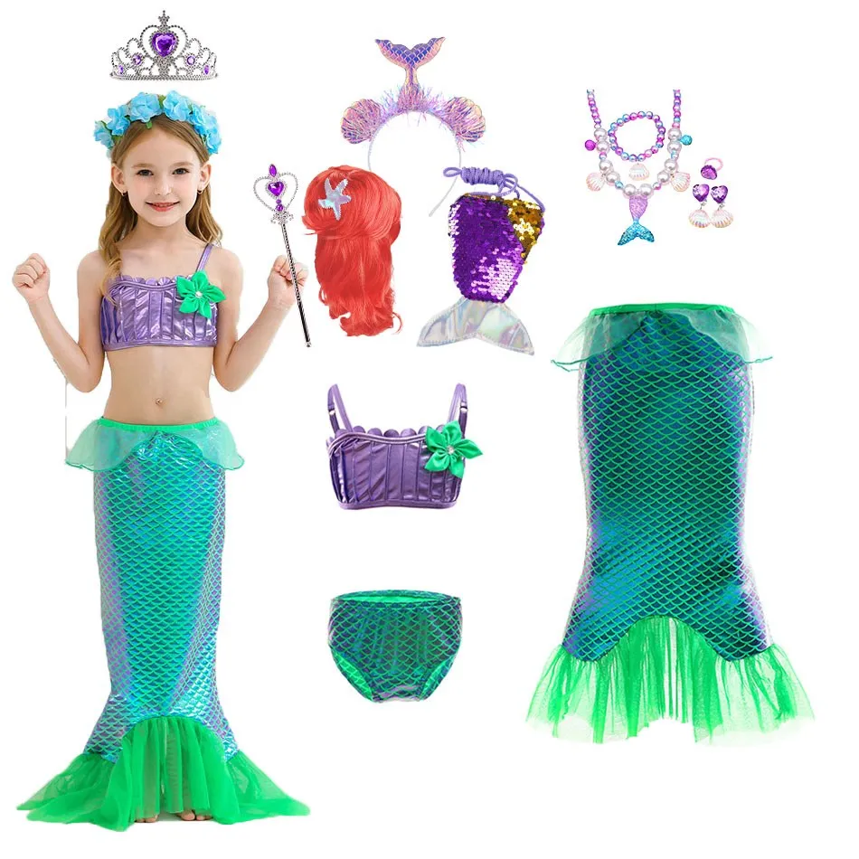 

Ariel Mermaid Princess Dress For Girls Party Cosplay Costume Children Beach Bikini Swimsuit Simming Set Kids Halloween Dress Up
