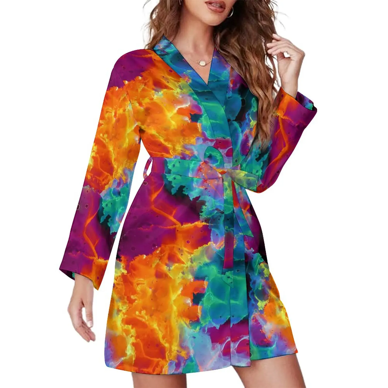 

Colorful Rainbow Pajama Robe Neon Abstract Print Long-Sleeve Sexy Pajamas Robes Women V Neck Room Sleepwear Autumn Design Dress