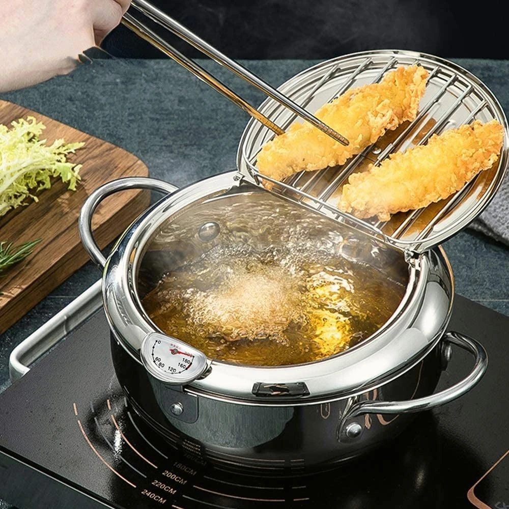 

Kitchen Deep Frying Pot with Thermometer and Lid Stainless Steel Pans Japanese Tempura Fryer Pan Fried Chicken Pot Cooking Tools