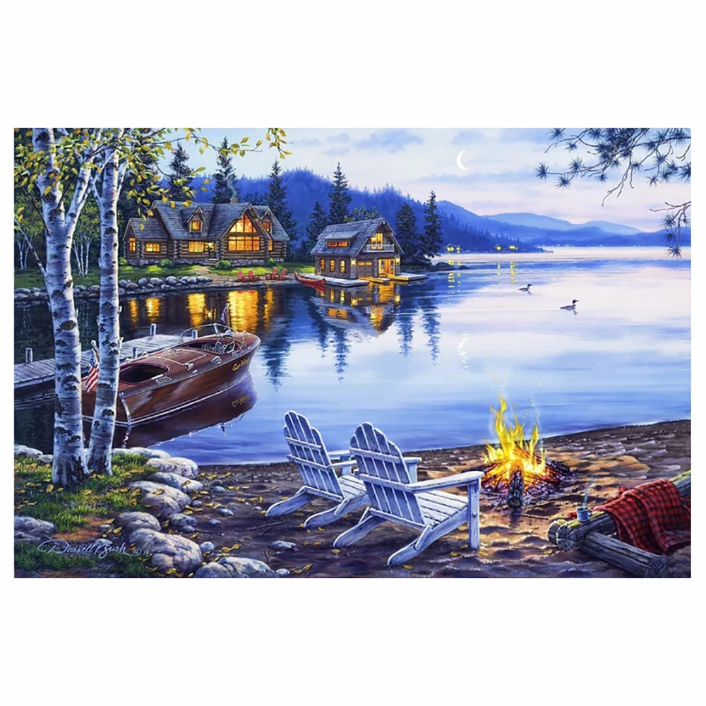 

Landscape DIY-5D Diamond Painting Lake Evening Scenery Splicing Set All Diamond Embroidery Mosaic Picture Closed