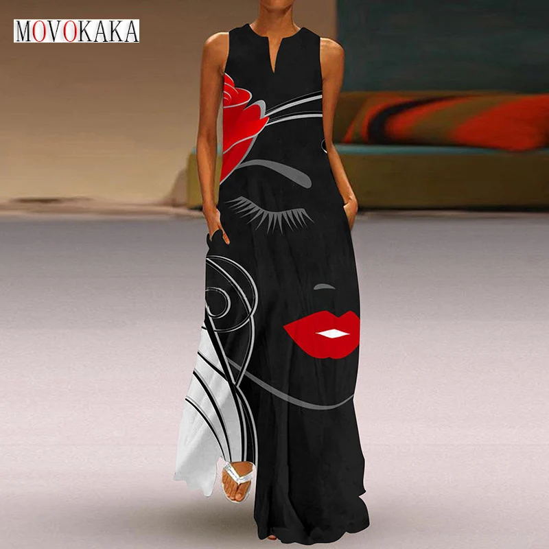 

MOVOKAKA Ladies Spring Summer Black Long Dress Sleeveless V-neck Face Print Vintage Beach Dresses Party Elegant Maxi Dress Women