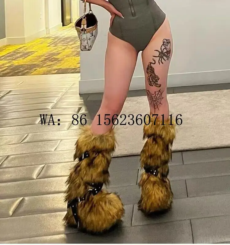 

Популярные модные меховые сапоги для девушек на толстой подошве для женщин, новинка зима 2023, теплые высокие сапоги на платформе с перекрестными пряжками