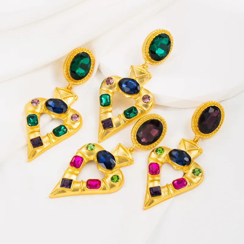 

Vintage Yellow Gold Color Heart Statement Drop Earrings for Women Gold Fuchsia Green Crystals Fancy Earring