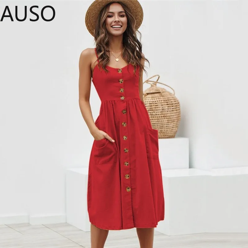 

Plus Size Casual Print Summer Beach Dress 2021 Sundress Sexy Spaghetti Strap V-Neck Button Women Midi Vestidos Red Robe Femme