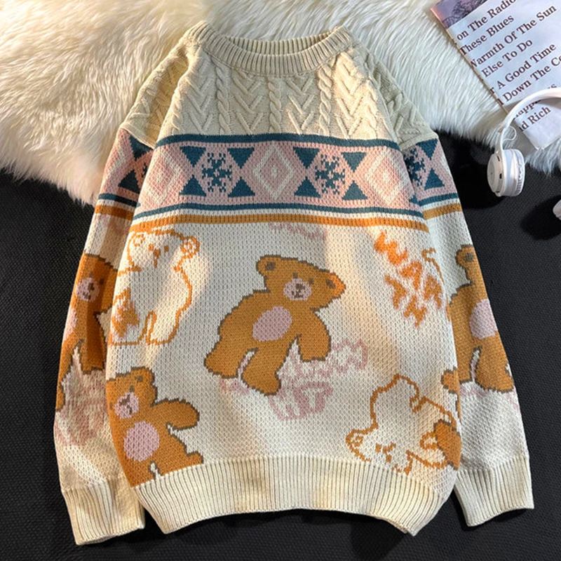 

American Vintage Bear Cartoon Argyle Sweater Women Warm Winter Long Sleeve Tops O-neck Knitted Pullover Streetwear Teens Couples