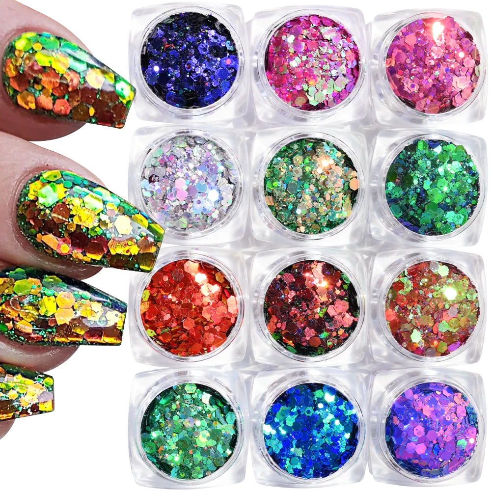 

Magic Mirror Chameleon Glitter Nail Flakes Sequins Hexagon Chunky Paillette Holographic Glitter Manicure Decoration