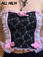 allneon pastel goth kawaii pink ruffles trim lace corset tops y2k aesthetics cute patchwork strapeless bows tube tops summer new