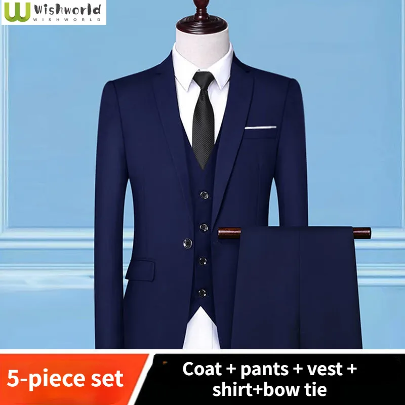 Spring and Autumn Suit Men's 5-piece Korean Slim Fit Business Suit Fashion Casual Bridegroom Vest Shirt Pants Suit S-5XL