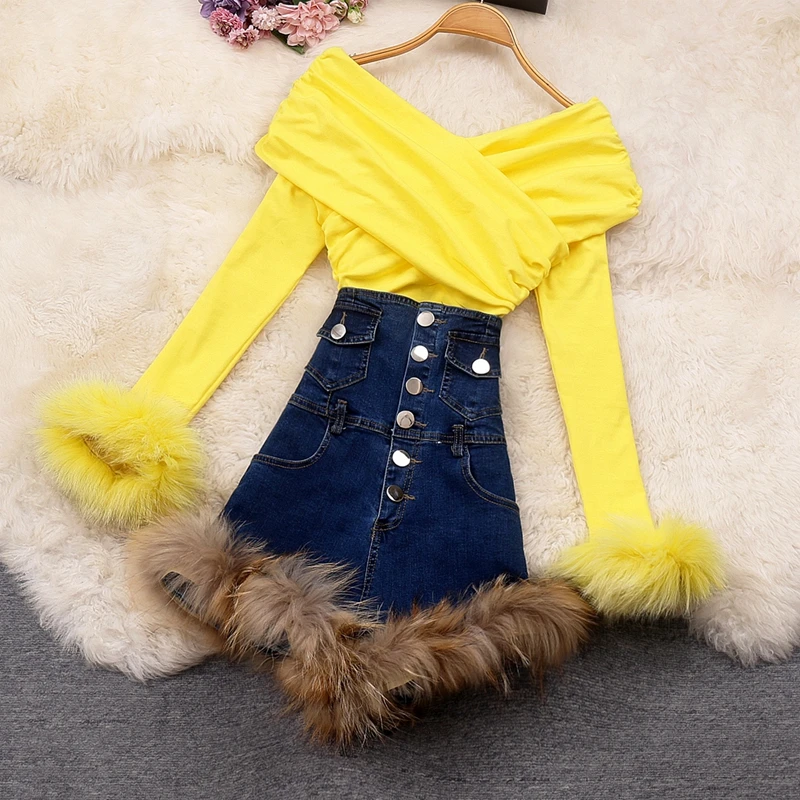 

Women Fur Cuffs Sets Cross V-neck Furry Longer Sleeve Top+Women's Jeans Denim Bib Shorts