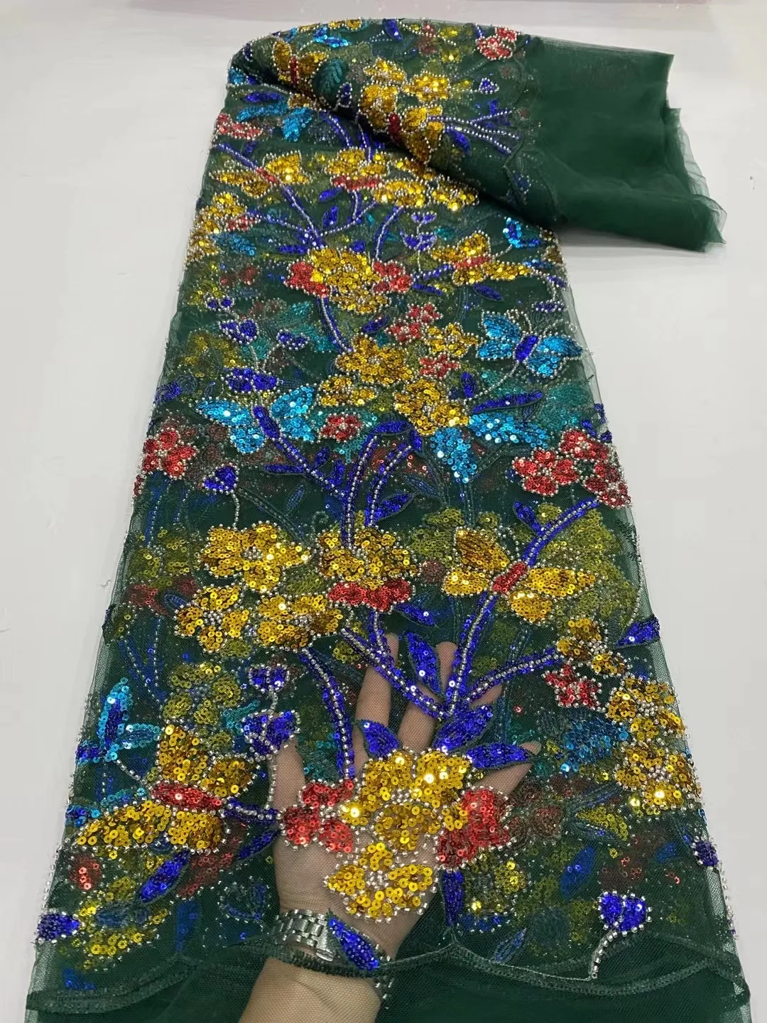 

2022 зеленая роскошная кружевная ткань с блестками высокого качества из бисера, Африканское кружево, кружевная ткань ручной работы для свадебного платья, Сетчатое кружево для невесты