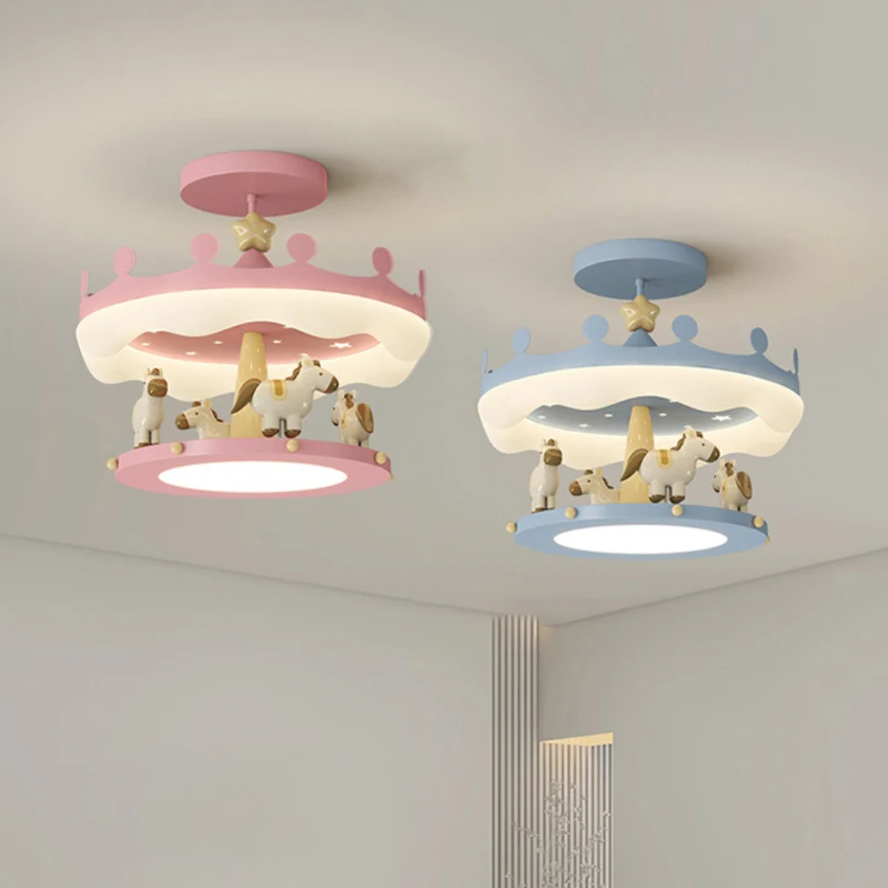 Люстра в виде карусели для детской комнаты романтическая теплая розовая синяя