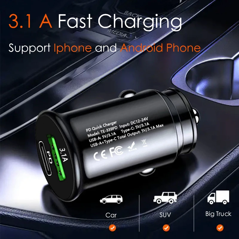 

Universal Mini USB+PD Quick Car Charger Fast 3.1A Car Charging For iPhone Xiaomi Huawei Samsung Mobile Phone Charging Adapter