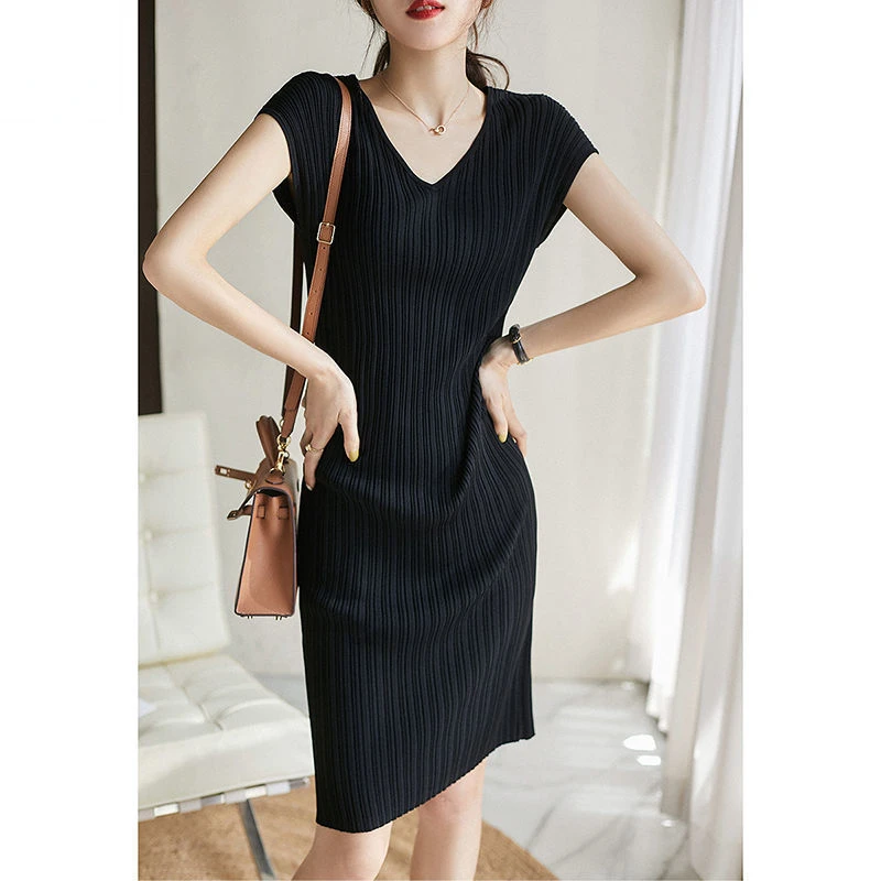 

Tight Temperament All-match Knitted V-neck Mid-length Dress Women's Sexy Package Hip Little Black Dress Party Banquet Clothing
