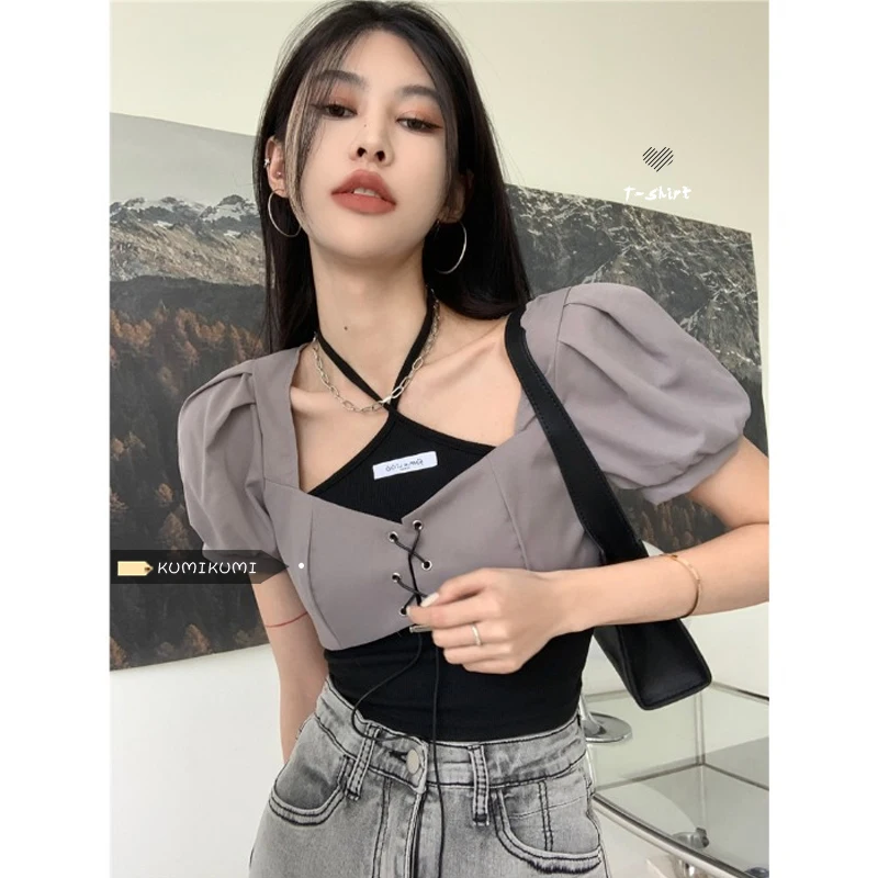 

2 Pieces/Set Women Tees Puff Sleeves Halter Sexy Crop Short T-Shirt Clothes