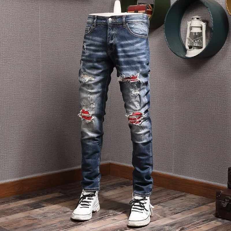 High Street Fashion Men Jeans Retro Blue Elastic Stretch Skinny Fit Ripped Jeans Men Patched Designer Hip Hop Brand Pants Hombre
