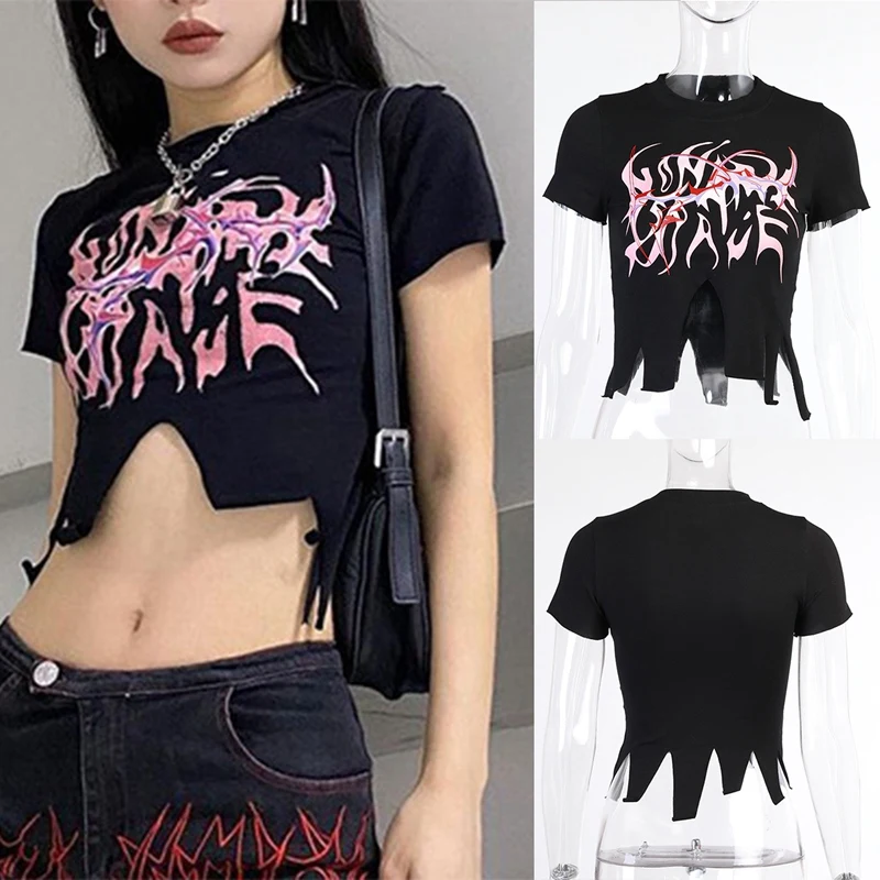 

ASDS-Gothic Print T-Shirts Harajuku O Neck Sexy Hollow Out T Shirt Punk Streetwear Short Sleeve Women Crop Tops
