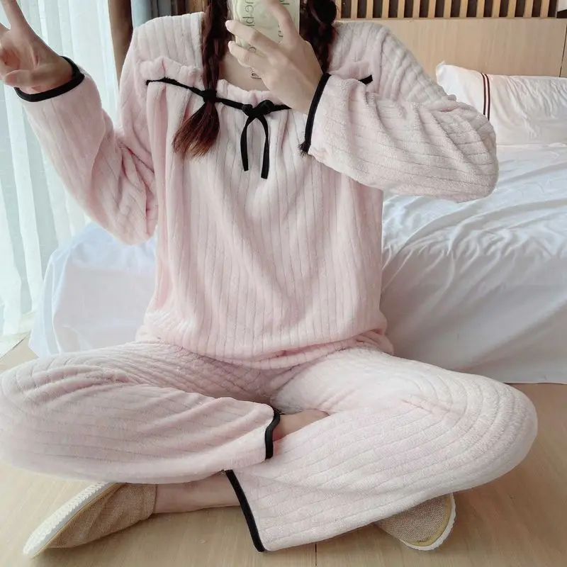 Spring Autumn Winter Pajamas Women's Coral Fleece Thickening and Fleece Ladies Pajamas Sweet and Cute Flannel Homewear Set