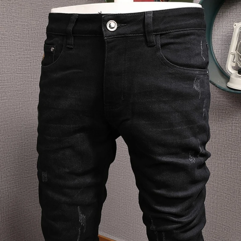 Korean Style Fashion Men Jeans High Quality Black Stretch Slim Fit Ripped Jeans Men Elastic Vintage Designer Denim Pants Hombre