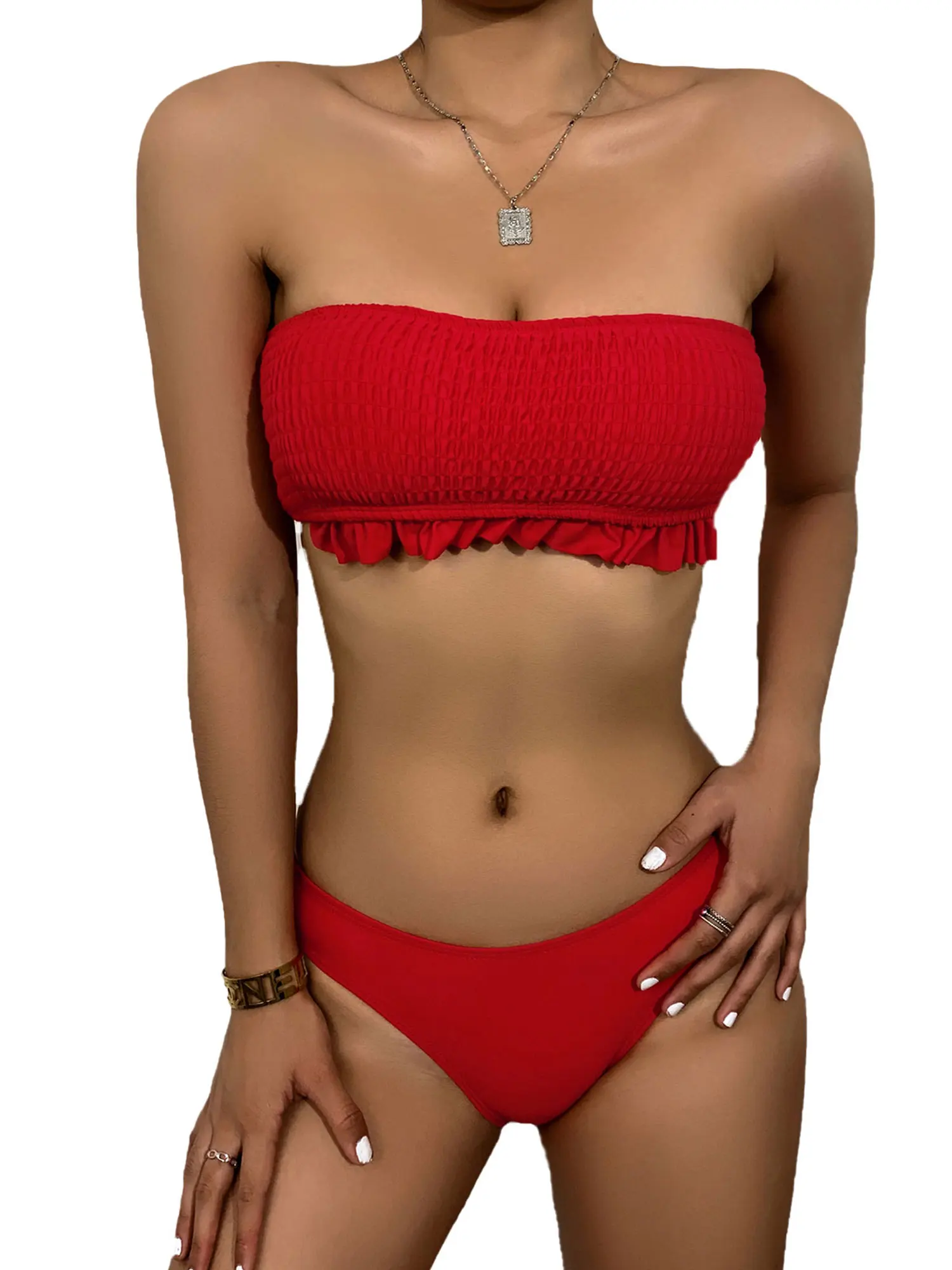 

Women Swimsuit Bandeau Ruffle Bikini Push Up Padded Bra Swimwear Low Waist Thong Bathing Suit Female Summer Beachwear