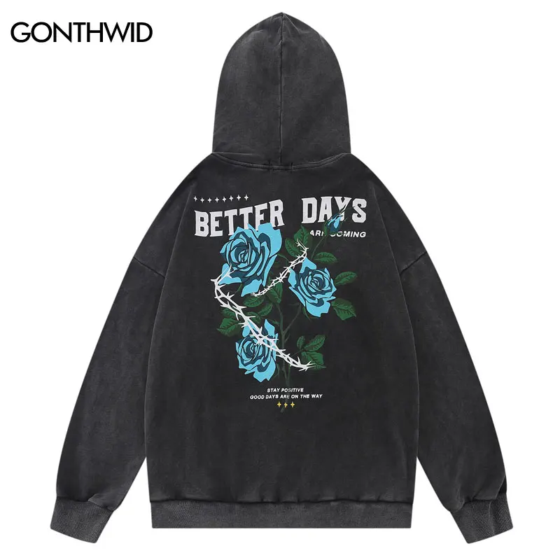 

Свободный пуловер с капюшоном, в стиле хип-хоп, с цветочным принтом розы, винтажный