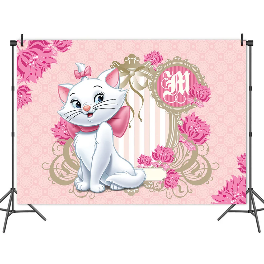 

150x100cm Cute Cat Marie Flowers Pink Girl Party Backdrop Birthday Table Decoration Photography Photo Background Vinyl Banner