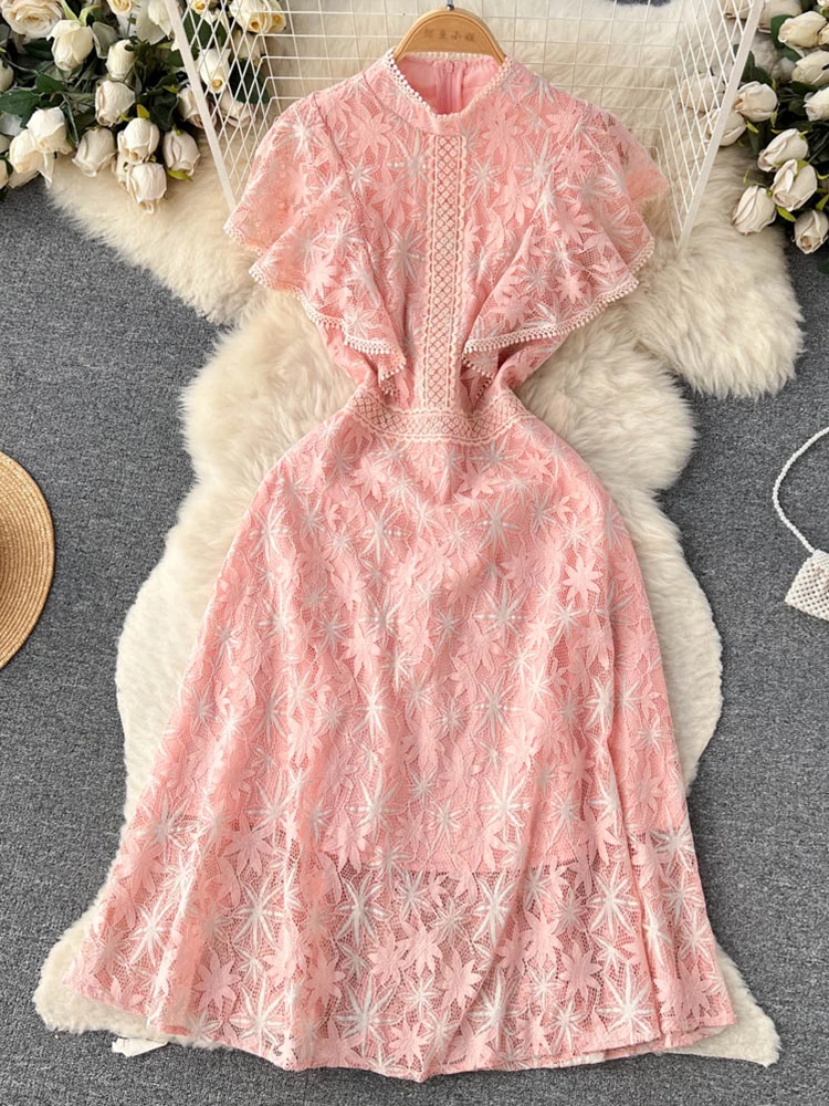 FTLZZ Summer Elegant Stand Collar Ruffled Knee-Length Dress Vintage Lady Lace Mesh Embroidery Dress Floral Print Dress