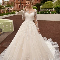 elegant wedding dress embroidered lace on net with ball gown train o neck nude full sleeve bride gowns button robes de mari%c3%a9e