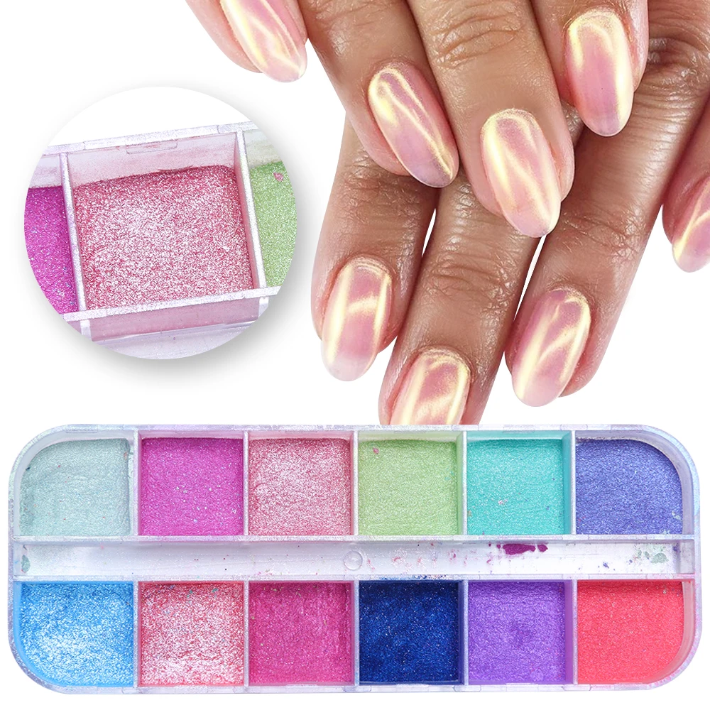 12 решеток хромовый порошок для ногтей окунание Мерцающая пыль красочный