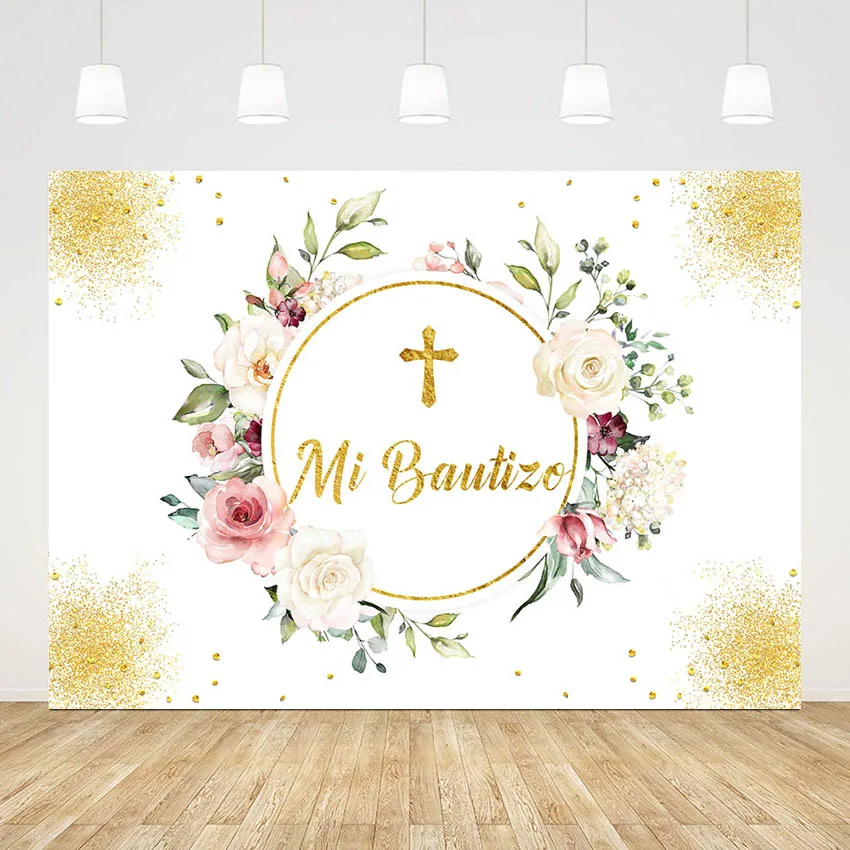 

Фон для фотографий Mehofond Mi Bautizo крестин золотой блеск детский душ цветы Трава Декор фон фотостудия поставка