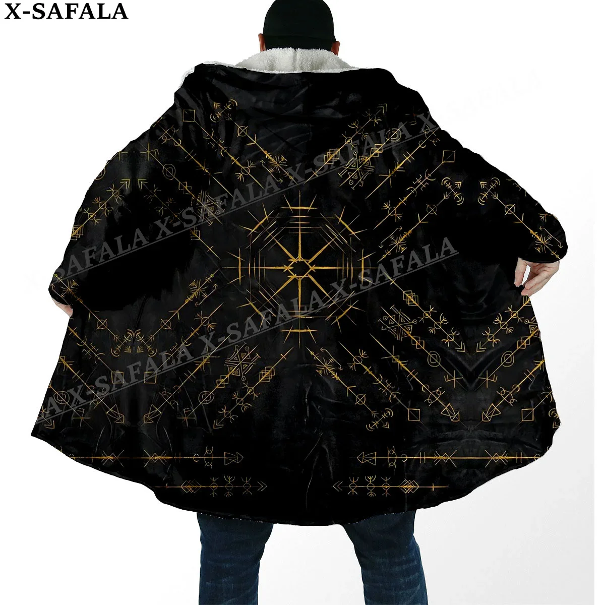 Norse Mythology Vegvisir Viking Symbol Thick Warm Hooded Cloak Men Overcoat Coat Windproof Fleece Cape Robe Blanket-3